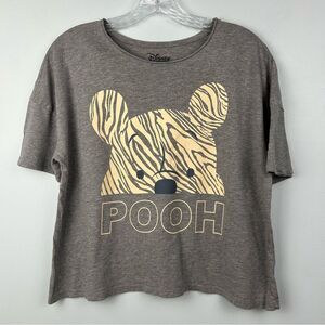 Disney Winnie the Pooh Cropped Rolled Neck Tee Shirt Gray W Cream Zebra Sz S